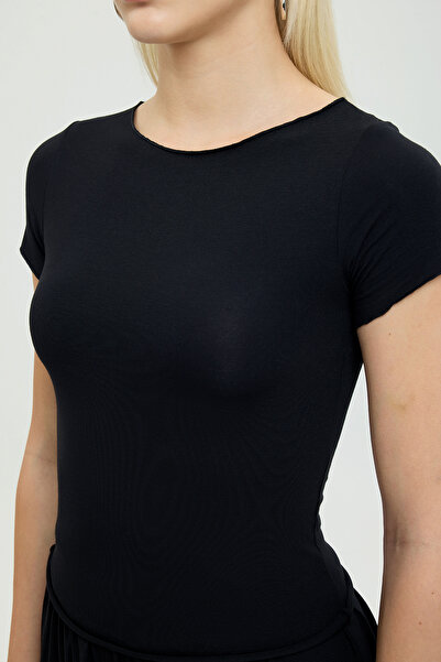 SHEISMONO Ultra Soft Boat Neck Short Sleeve Blouse Black