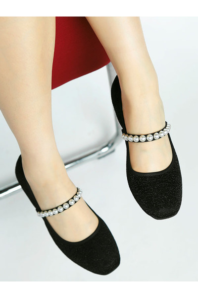 london Rag حذاء باليرينا لامع مزين باللؤلؤ للنساء باللون الأسود