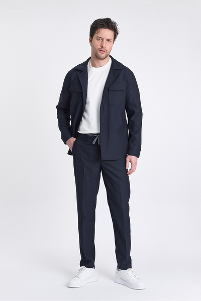 Frappoli Forex Men's Navy Blue Lycra Wool Blended Fabric 2-Piece Overshirt Jacket + Jogger Elastic Pants