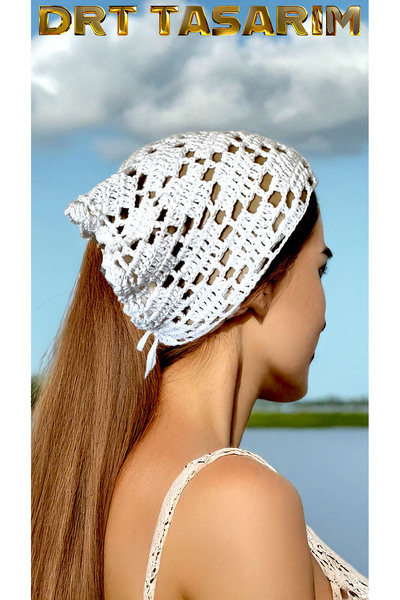 drt tasarım Hand Knitted Crochet Retro White Color Triangle Bandana