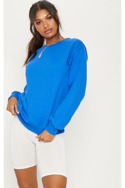 DUBU BUTİK Hanorac simplu Basic - Sax Blue mânecă lungă Oversize Crew Gât