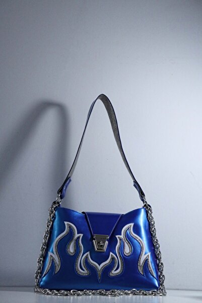 Bleebe Elektrik Mavisi Özel Deri Zincir Askılı Alev Desenli Kadın El Çantası-...