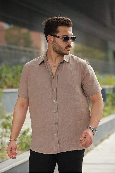 Miron Men's Camel Back Embroidery Detailed Linen Shirt - Short Sleeve - 2535