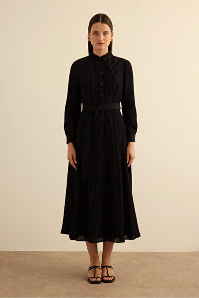 Aker Siyah Doğal Dokulu Kumaş Gömlek Elbise