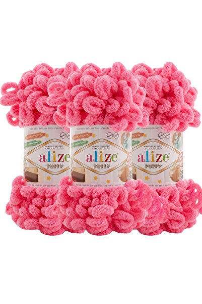 Alize خيوط حياكة يدوية منتفخة مكونة من 3 قطع - بدون سيخ - 100 جرام × 3 قطع - رقم اللون: 377 - وردي نابض بالحياة