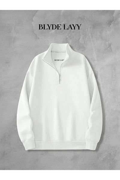 BLYDE LAYY 3 Thread White Half Zipper Unprinted Sweatshirt