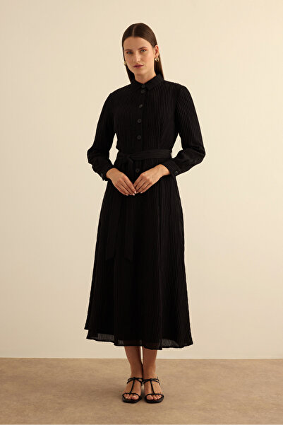 Aker Siyah Doğal Dokulu Kumaş Gömlek Elbise