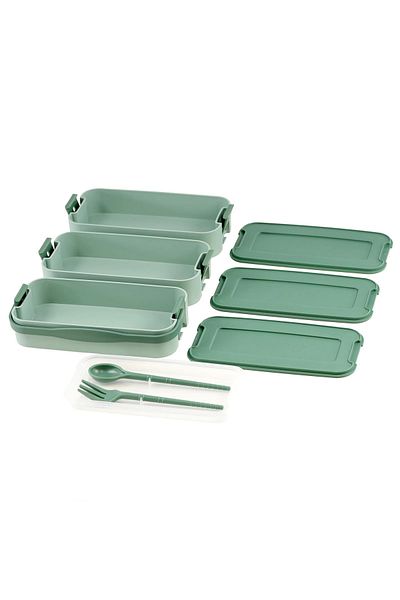 İronika 1260 ml 3 Layer Lid Fork Knife Lunch Box Lunch Box Nutrition Container - Green