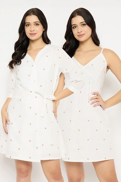 Clovia Floral Embroidery Short Night Dress & Robe Set in White - 100% Cotton