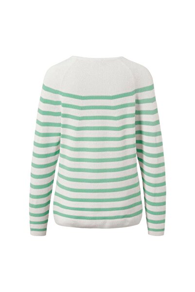 Tchibo Women Round Neck Long Sleeves Stripe Top, White/ Green