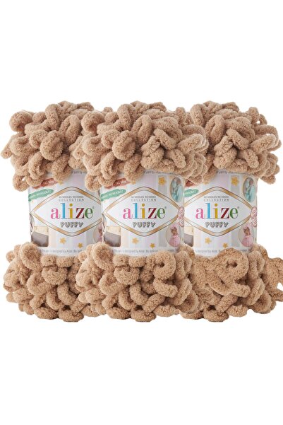 Alize Puffy 3’lü Paket El Örgü İpi - Şişsiz – 100g x 3 Adet – Renk No: 262 - Bej