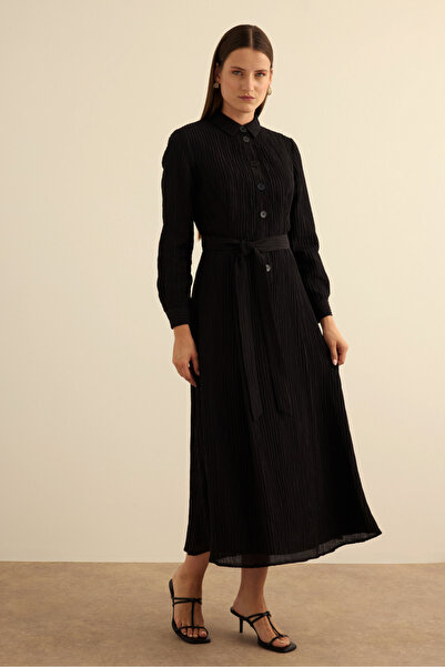 Aker Siyah Doğal Dokulu Kumaş Gömlek Elbise