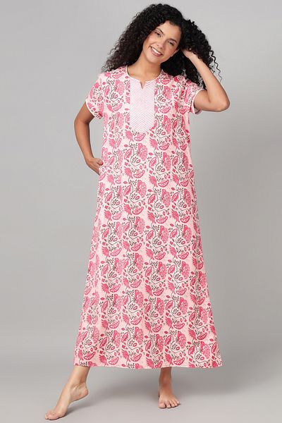 Clovia Floral Print Long Nighty in White - Cotton