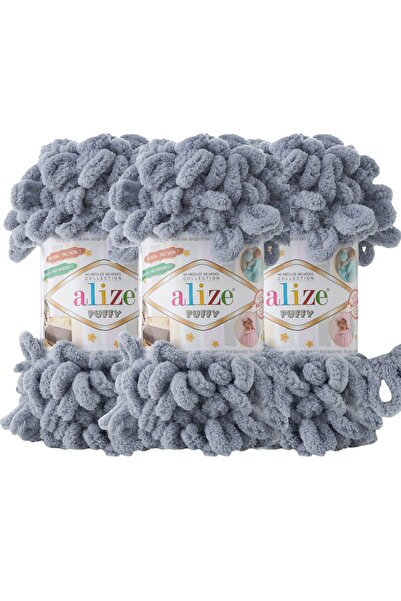 Alize Puffy 3’lü Paket El Örgü İpi - Şişsiz – 100g x 3 Adet – Renk No: 428 - Orta Gri