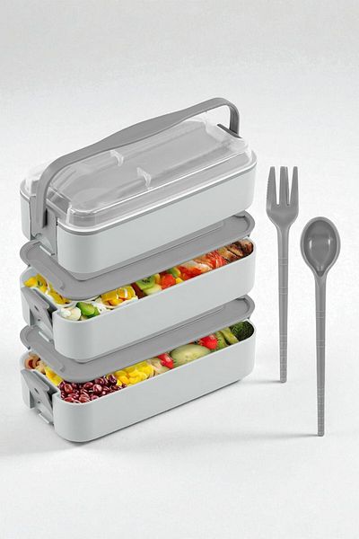 İronika 1260 ml 3 Layer Lid Fork Knife Lunch Box Lunch Box Nutrition Container - Gray