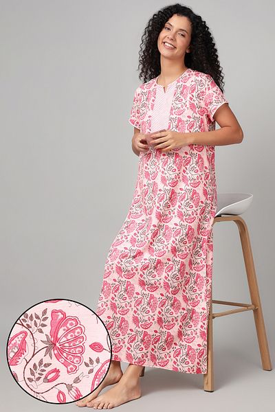 Clovia Floral Print Long Nighty in White - Cotton