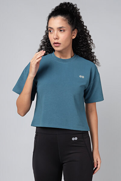 Clovia بلوزة قصيرة مريحة ورياضية باللون الأزرق البحري العميق