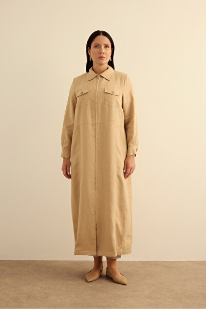 Aker Fermuarlı Keten Ferace