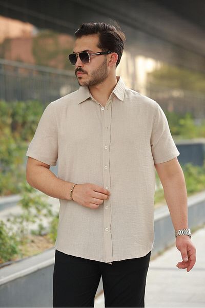 Miron Men's Beige Linen Shirt with Embroidery Detail on the Back - Short Sleeve - 2535
