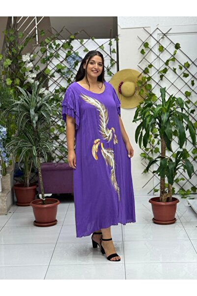 Punta Otantik VL9636 Tüy Baskılı Yarım Kol Vual Elbise Mor
