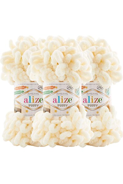 Alize Puffy 3’lü Paket El Örgü İpi - Şişsiz – 100g x 3 Adet – Renk No: 01 - Krem