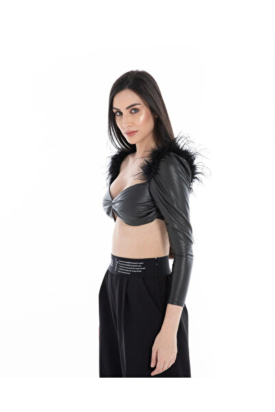 Flashmobnation Women’s Black Faux Leather Feather Crop Top