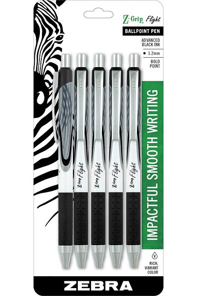 Zebra Pen Z-Grip Flight Retractable Ballpoint Pen, Bold Point, 1.2mm, Black Ink, 5-Count