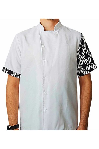 Ant Rotagrup Üniforma ve İş Elbiseleri Chef Jacket Patterned Unisex Snap Fastener Short Sleeve Summer Chef Cook Kitchen Jacket Chain Motif Patterned