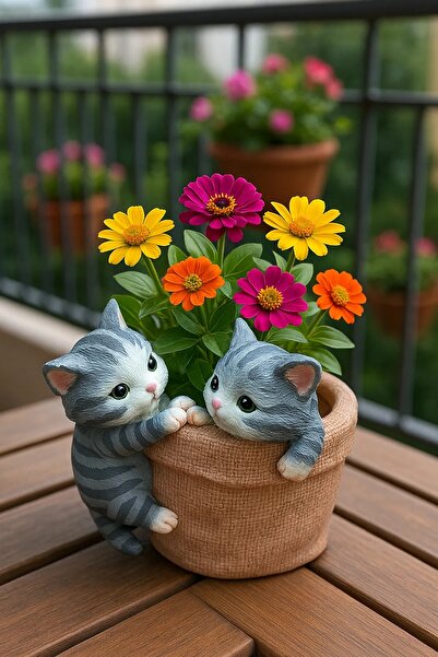 ekinoksart Sevimli Kedi Figürlü Saksı, Sevimli Kedili Saksı (çiçekler dahil d...