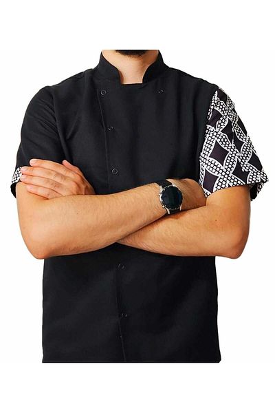 Ant Rotagrup Üniforma ve İş Elbiseleri Chef Jacket Patterned Unisex Snap Fastener Short Sleeve Summer Chef Cook Kitchen Jacket Chain Motif Patterned
