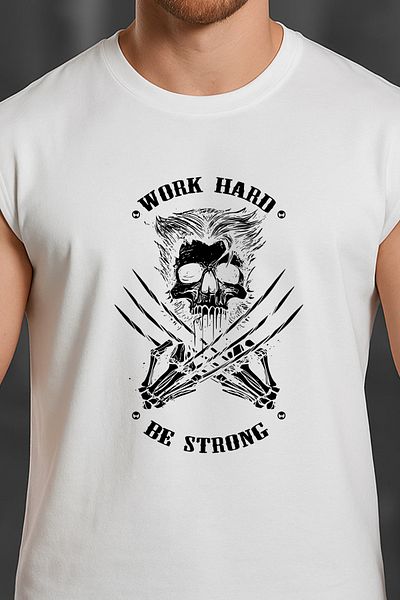 BESSA White Printed Sportsman Tank Top Crew Neck Cotton Sleeveless Tank Top Work Hard Men