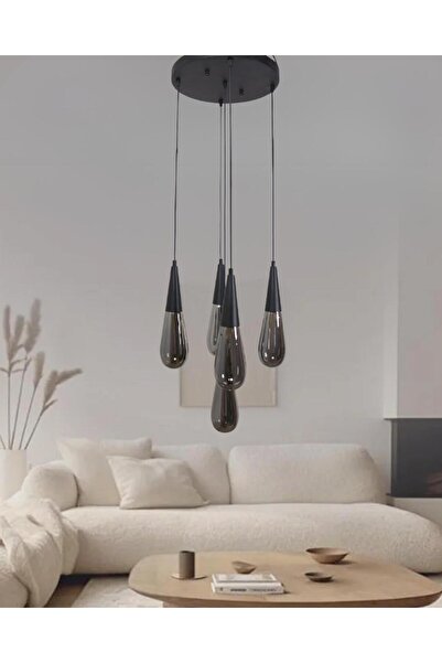Fera Aydınlatma Damla Füme Cam 5Li Yuvarlak Siyah Metal Gövde Her Alana Uygun...