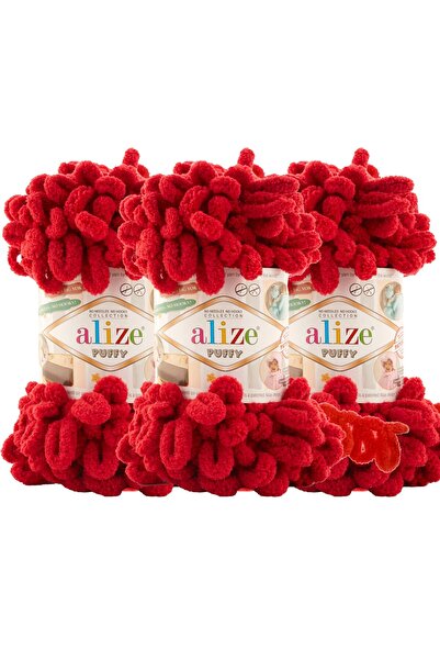 Alize Puffy 3’lü Paket El Örgü İpi - Şişsiz – 100g x 3 Adet – Renk No: 106 - Koyu Kırmızı