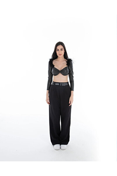 Flashmobnation Women’s Black Faux Leather Feather Crop Top