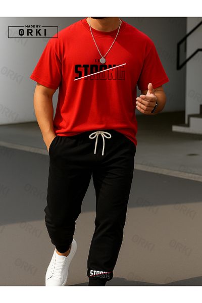 EFFRENATU Stay Strong Printed Oversize Red T-Shirt & Black Pants Tracksuit Set