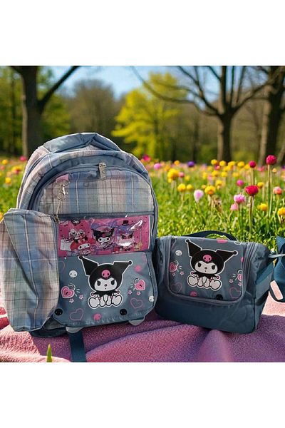 ÇEÇEN HOME (Nutrition+Pencil Holder+Backpack) Kuromi Girls' Primary School Set, Kuromi Primary School Bag Set