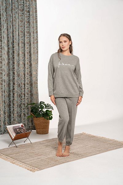 Pelin Women's Gray Patterned Embroidered Pajama Set