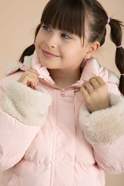 Cansın Mini Salmon Sleeve Fur Detailed Wool Inside Girl's Hooded down Coat 21334