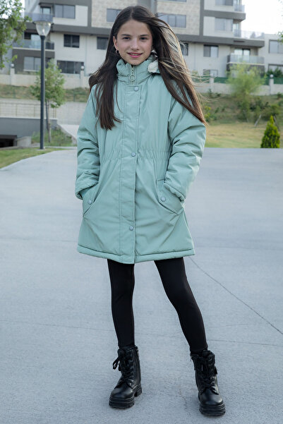 Cansın Mini Green Snap Pocket Flexible Waist Fur Inside Girl's Hooded Coat 21303