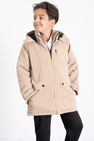 Cansın Mini Cream Zippered Chest Pocketed Boys' Hooded Coat with Fur Inside 21358