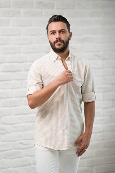 alenmeza Slimfit Fit Collar Buttoned Striped Summer Seersucker Fabric Men's Shirt