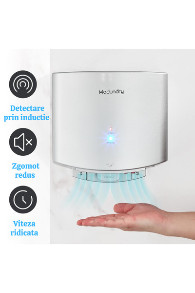 modundry Electric hand dryer, with automatic infrared sensor, wall-mounted, 1200W, hot/cold air, ABS, silver