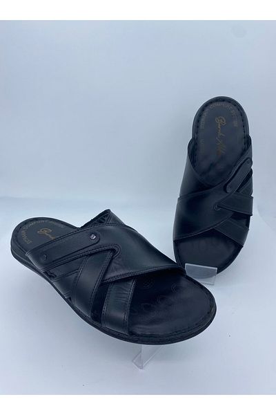 BURAK ALDAY SHOES Men's Genuine Leather Massage Sole Black Slippers