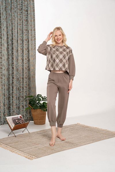 Pelin Women's Brown Color Patterned Embroidered Pajama Set