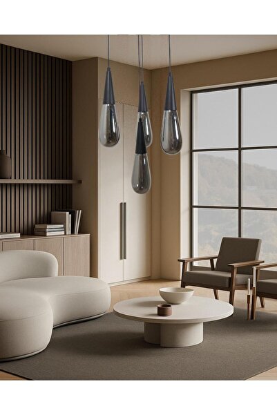 Fera Aydınlatma Damla Füme Cam 4Lü Yuvarlak Siyah Metal Gövde Her Alana Uygun Lüks Dekoratif Sarkıt Avize