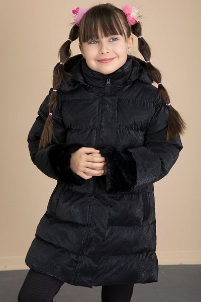 Cansın Mini Black Sleeve Fur Detailed Wool Inside Girl's Hooded down Coat 21326