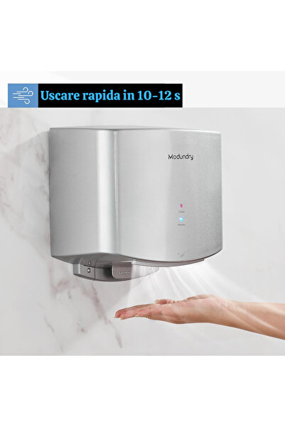modundry Electric hand dryer, with automatic infrared sensor, wall-mounted, 1200W, hot/cold air, ABS, silver