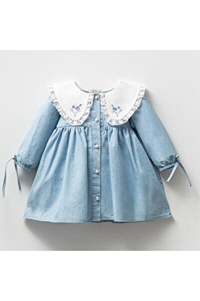 PİTABABY Beyaz Yaka Nakışlı Kot Kız Bebek Elbisesi – Uzun Kollu, Düğmeli, %100 Pamuk