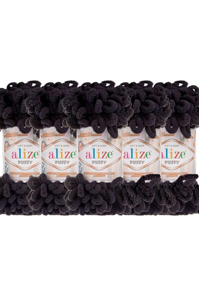Alize Puffy 5’li Paket El Örgü İpi - Şişsiz – 100g x 5 Adet – Renk No: 1060 - Siyah