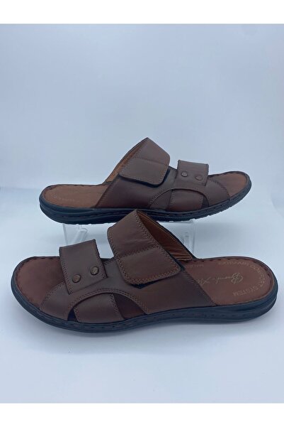 BURAK ALDAY SHOES Men's Genuine Leather Massage Sole Brown Slippers